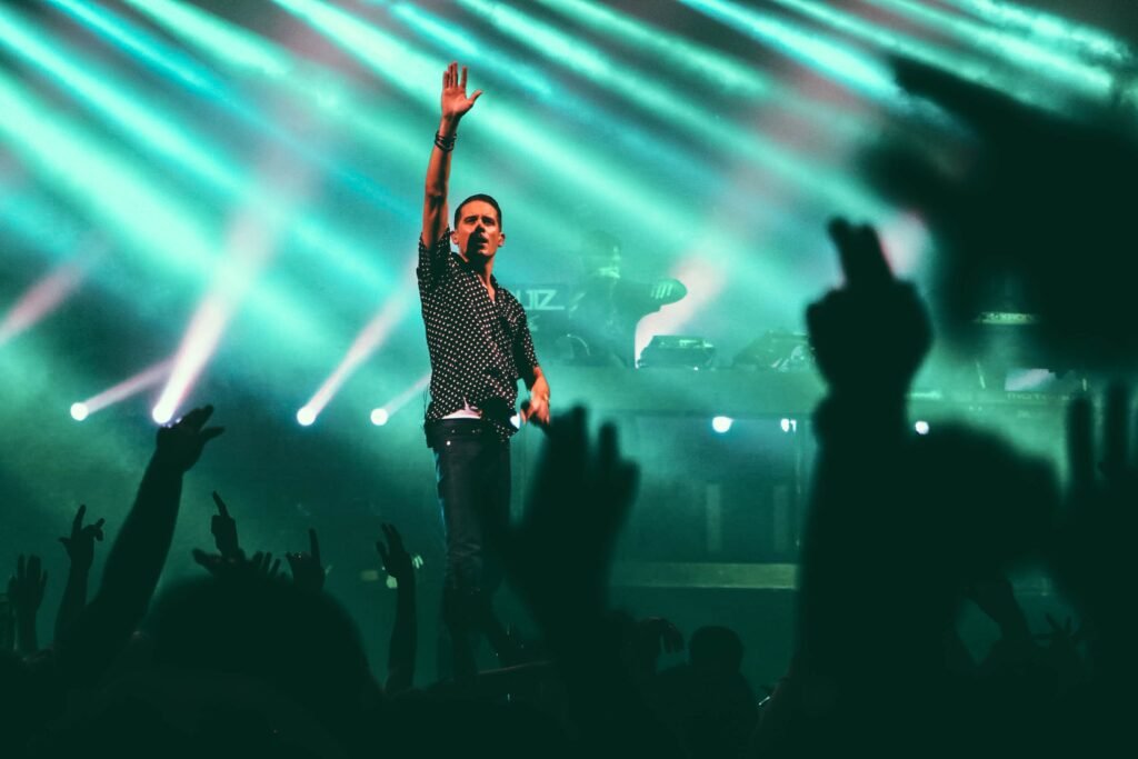 DJ performing on stage to a festival crowd